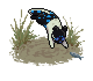 Pixel art of a young black slugcat. Its back is covered in blue spots, but its top half is white with pale grey spots. Its face is also black, and its tail has a single white stripe down it.